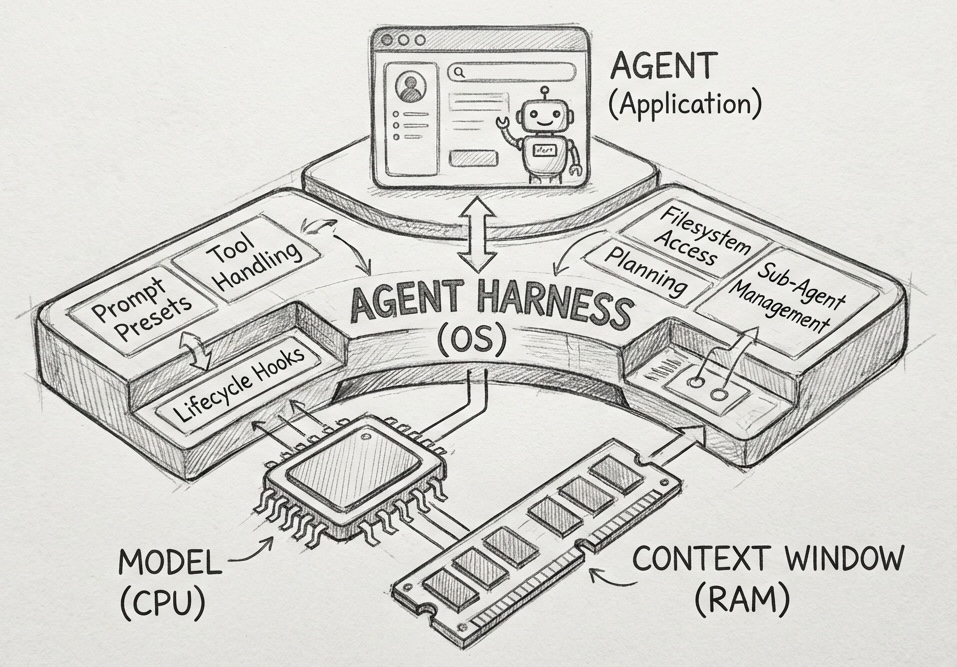 Sketch of an agent harness as an operating system, with the model as CPU and the context window as RAM