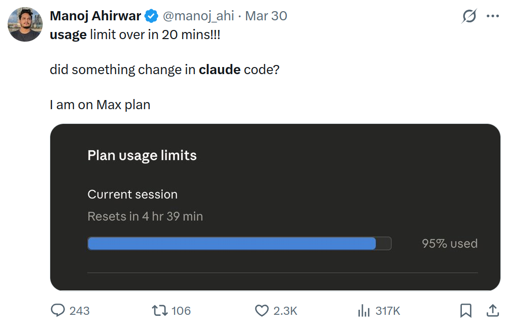 Social post complaining that a Max plan session hit 95% usage in 20 minutes