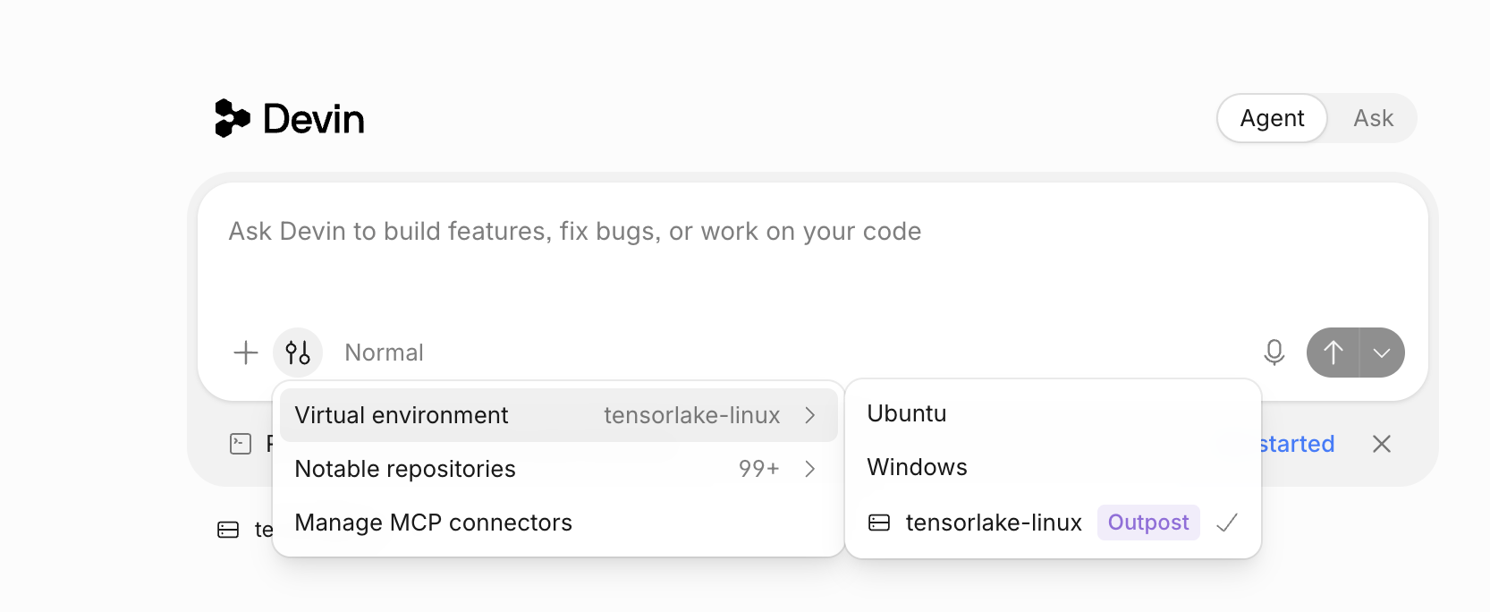 Devin's virtual environment selector with the tensorlake-linux outpost selected