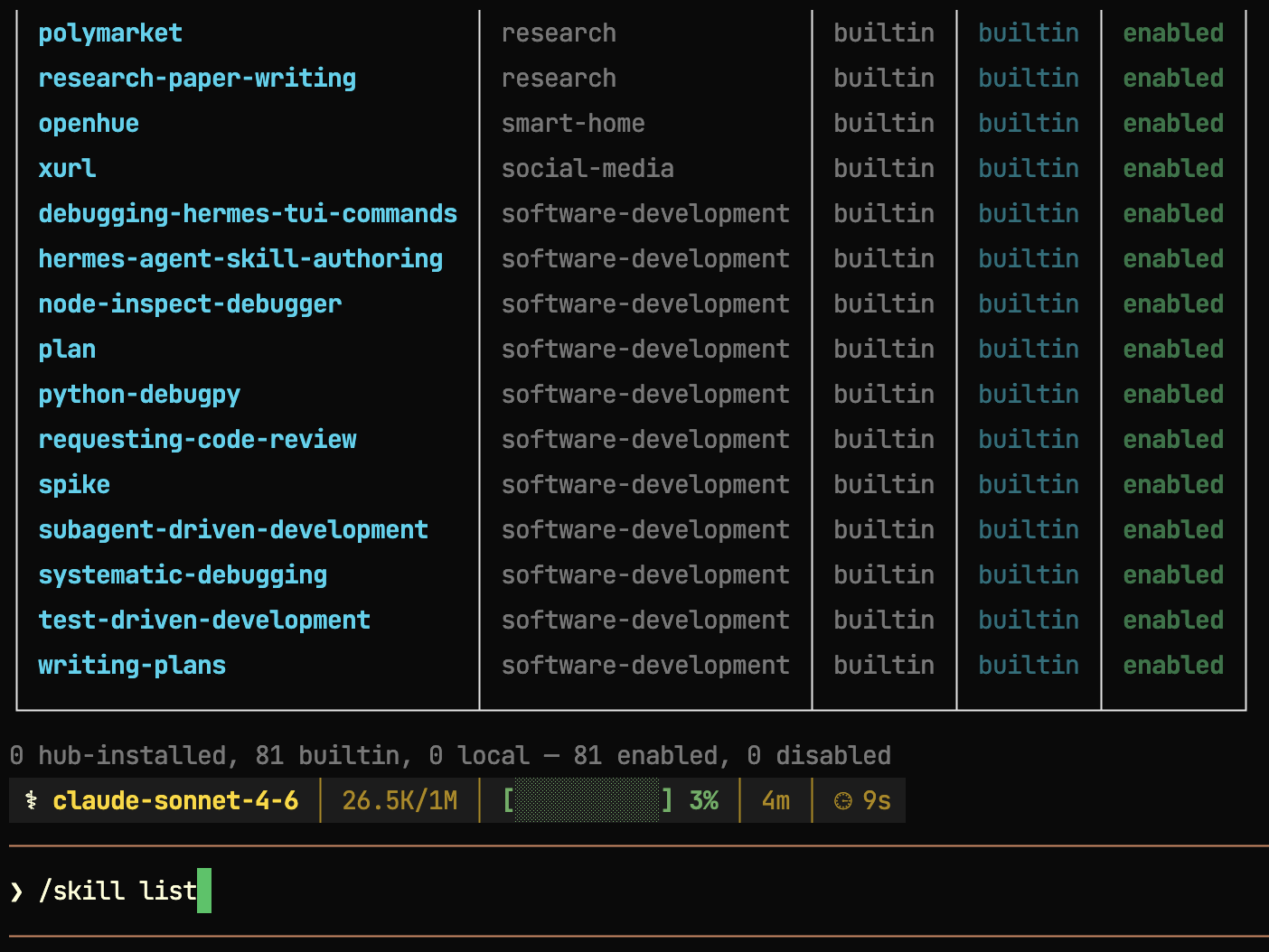 Hermes skill list showing 81 built-in skills across categories including research, software-development, and social-media