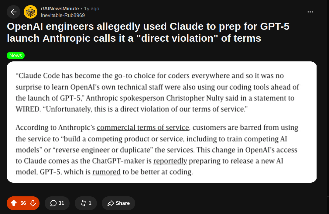 News post about OpenAI engineers using Claude Code ahead of the GPT-5 launch, which Anthropic called a direct violation of its terms