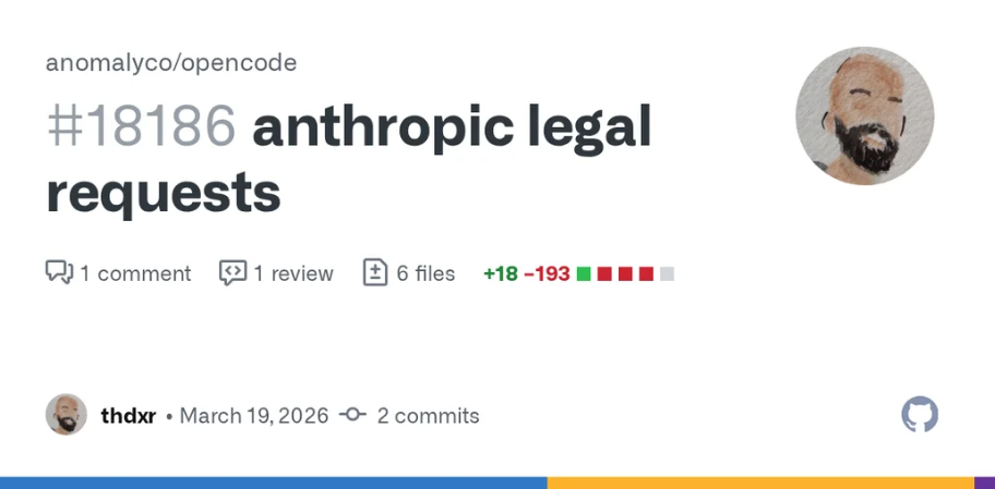 GitHub pull request anomalyco/opencode #18186 titled "anthropic legal requests", 6 files changed