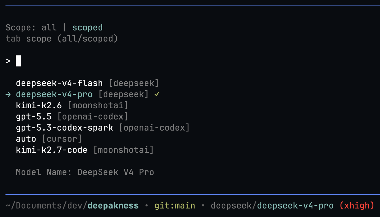 Pi model picker in the terminal, listing DeepSeek, Kimi, GPT, and Cursor models side by side