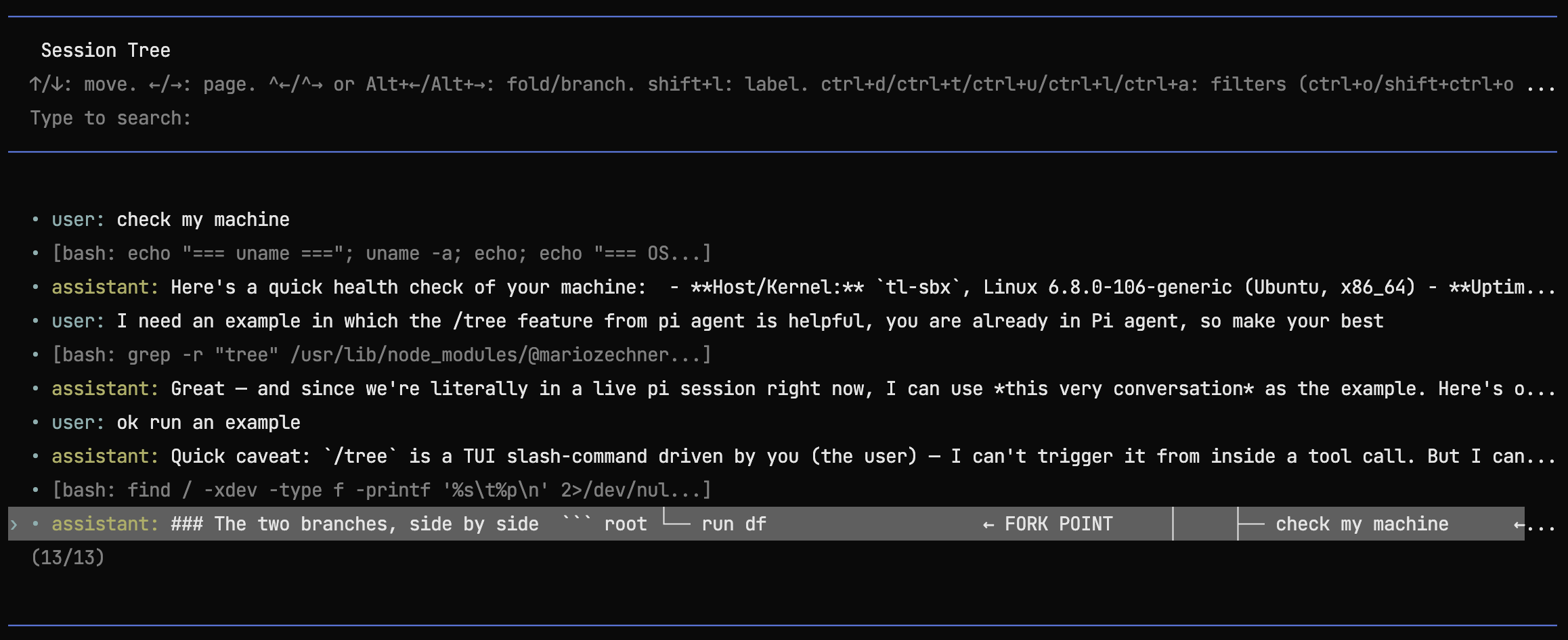 Pi session tree showing branched conversation history with fork points